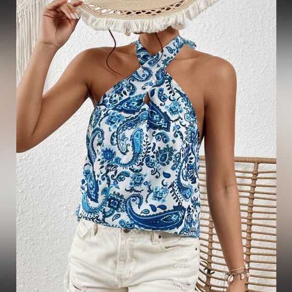 Plus Size Boho Paisley Print Crisscross Front Halter Neck Top Blouse Shirt - Picture 9 of 14